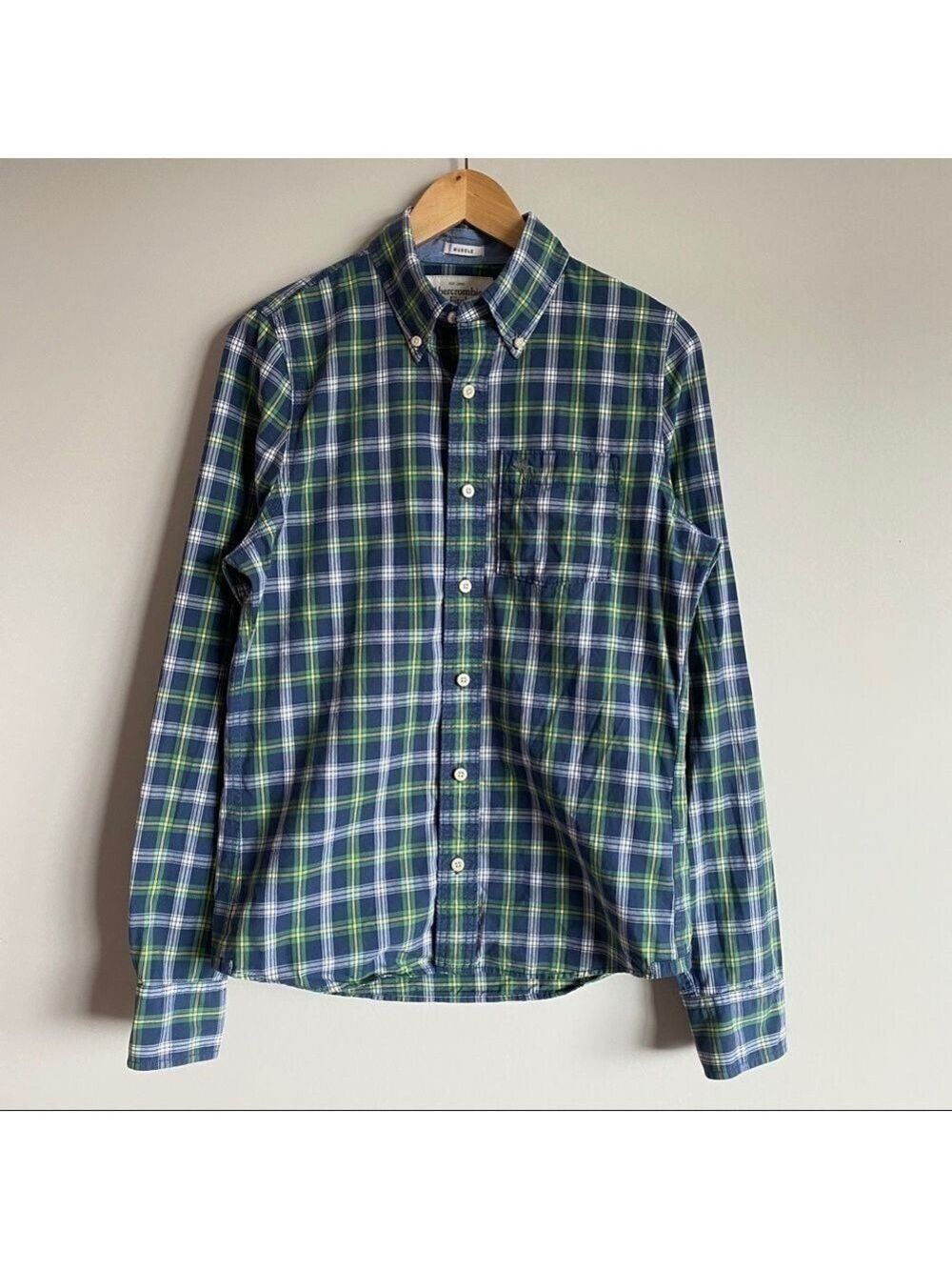 𝅺abercrombie & Fitch Muscle Fit Button Down Green Blue Plaid Shirt Men's Size S